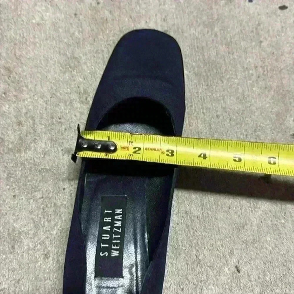 Vintage Stuart Weitzman navy blue cloth square toe black leather heel size 9N - Picture 10 of 11